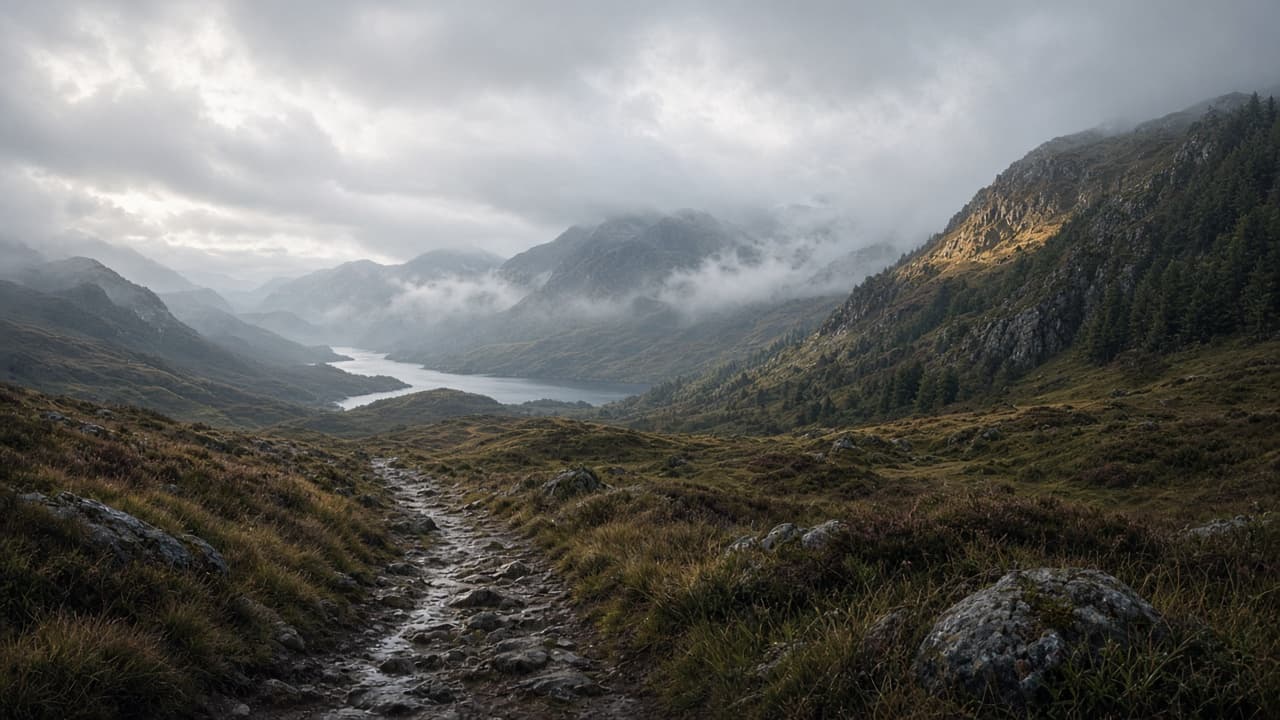 Rocky West Highland Way path towards a loch and mountains